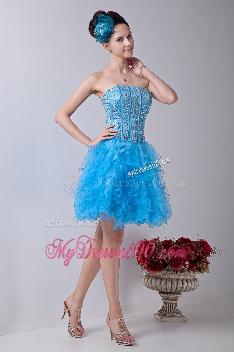 Baby Blue Strapless Ruffles Cocktail Dresses Beading Mini-length