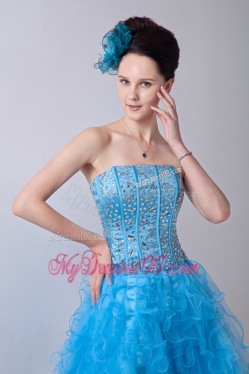 Baby Blue Strapless Ruffles Cocktail Dresses Beading Mini-length