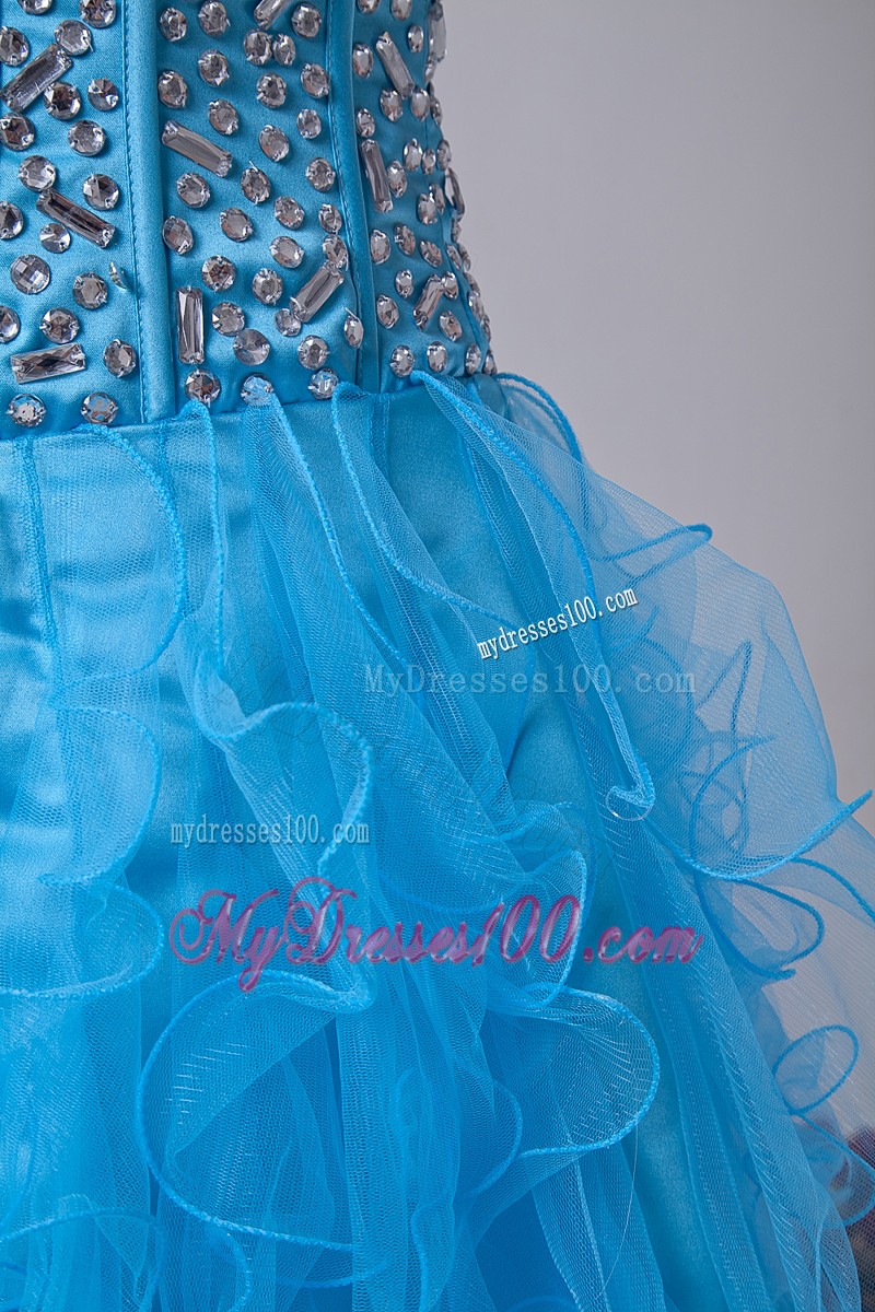 Baby Blue Strapless Ruffles Cocktail Dresses Beading Mini-length