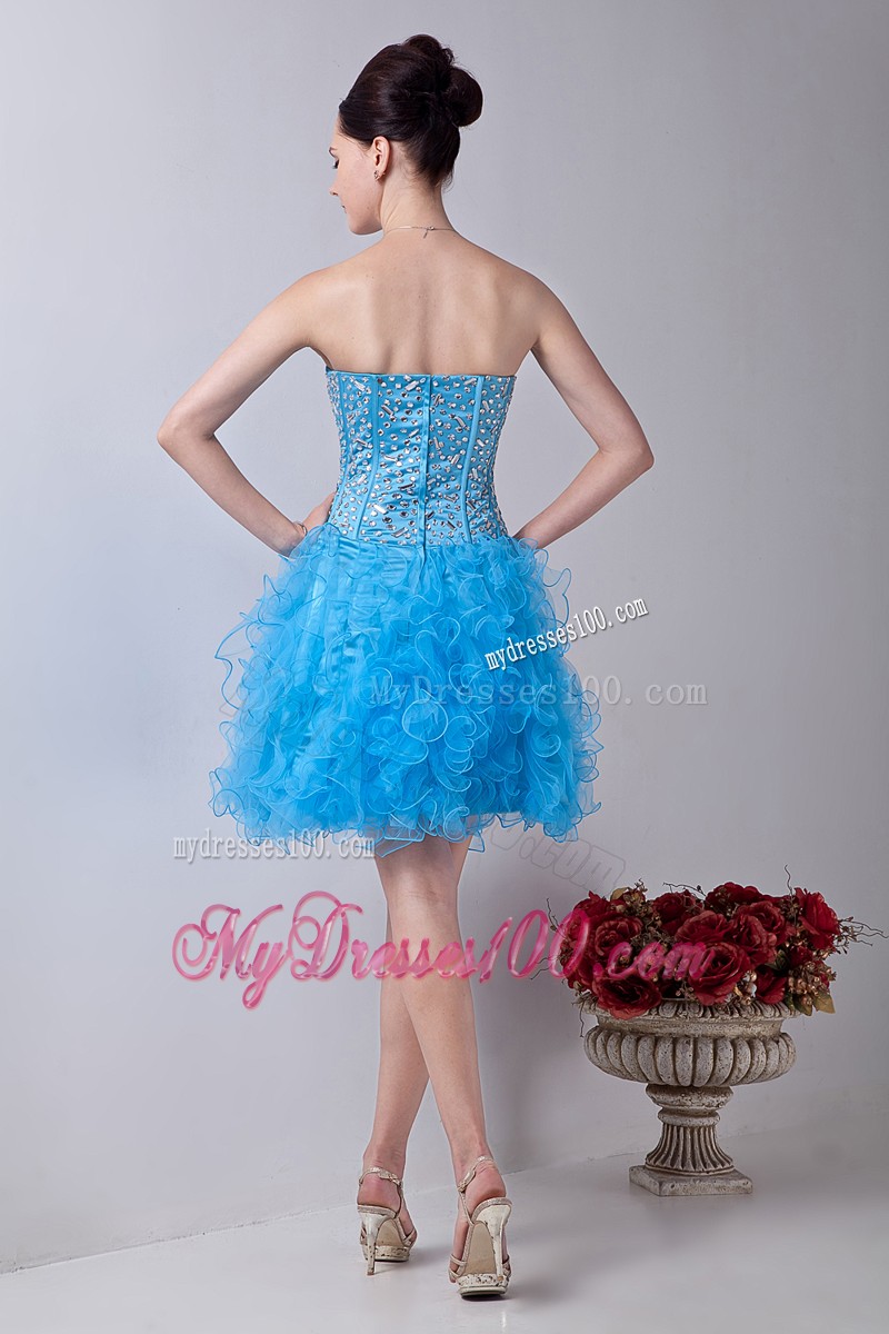 Baby Blue Strapless Ruffles Cocktail Dresses Beading Mini-length