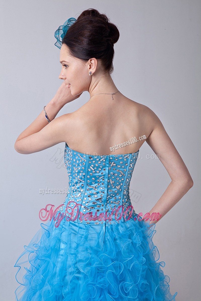 Baby Blue Strapless Ruffles Cocktail Dresses Beading Mini-length