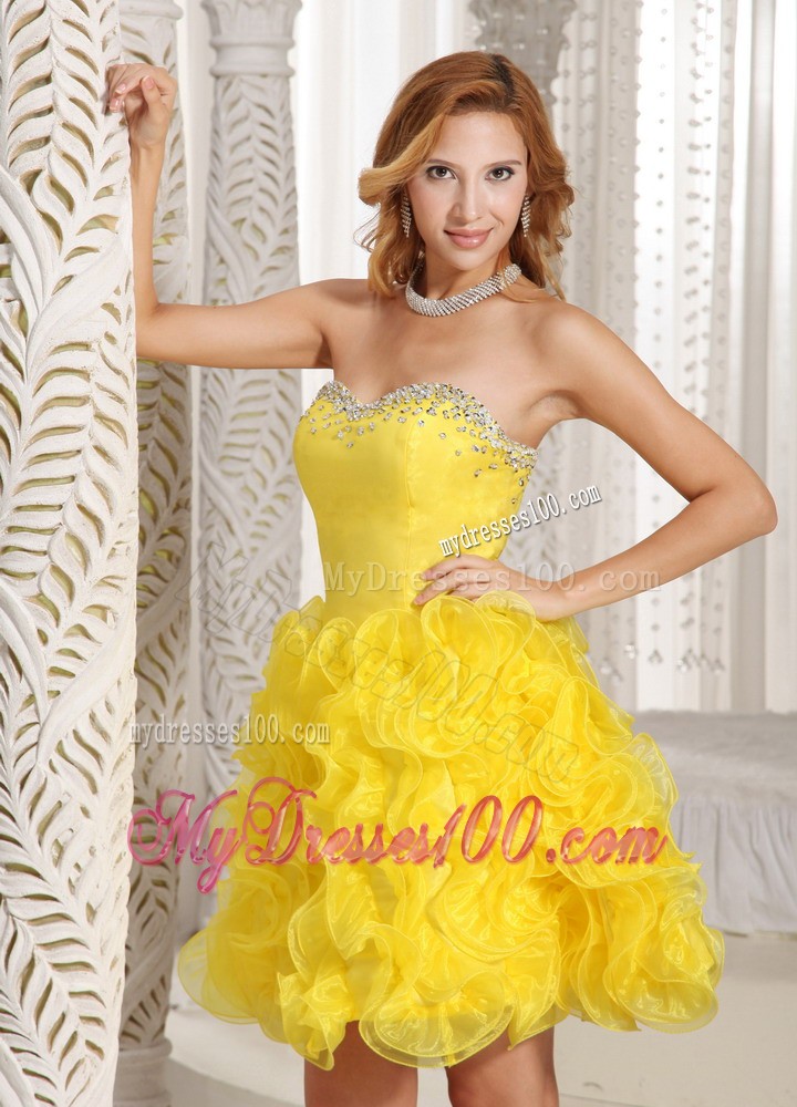 Ruffles Princess Sweetheart Prom Cocktail Dress Online Yellow Beading