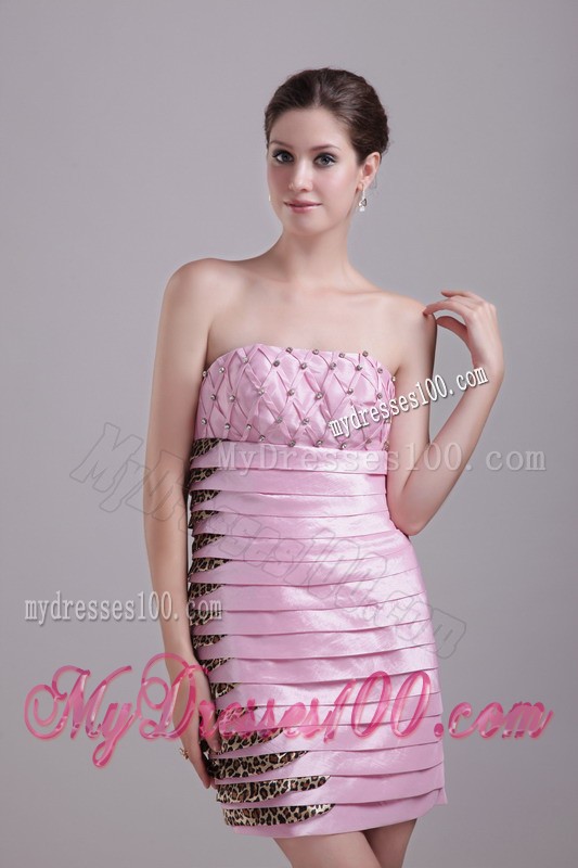 Baby Pink Column Strapless Knee-length Beaded Ruffles Cocktail Dress
