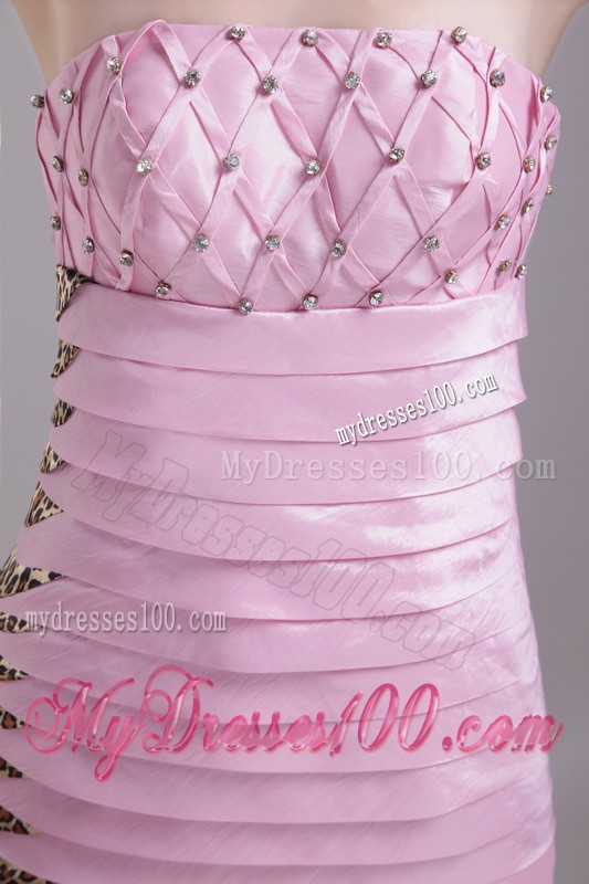 Baby Pink Column Strapless Knee-length Beaded Ruffles Cocktail Dress