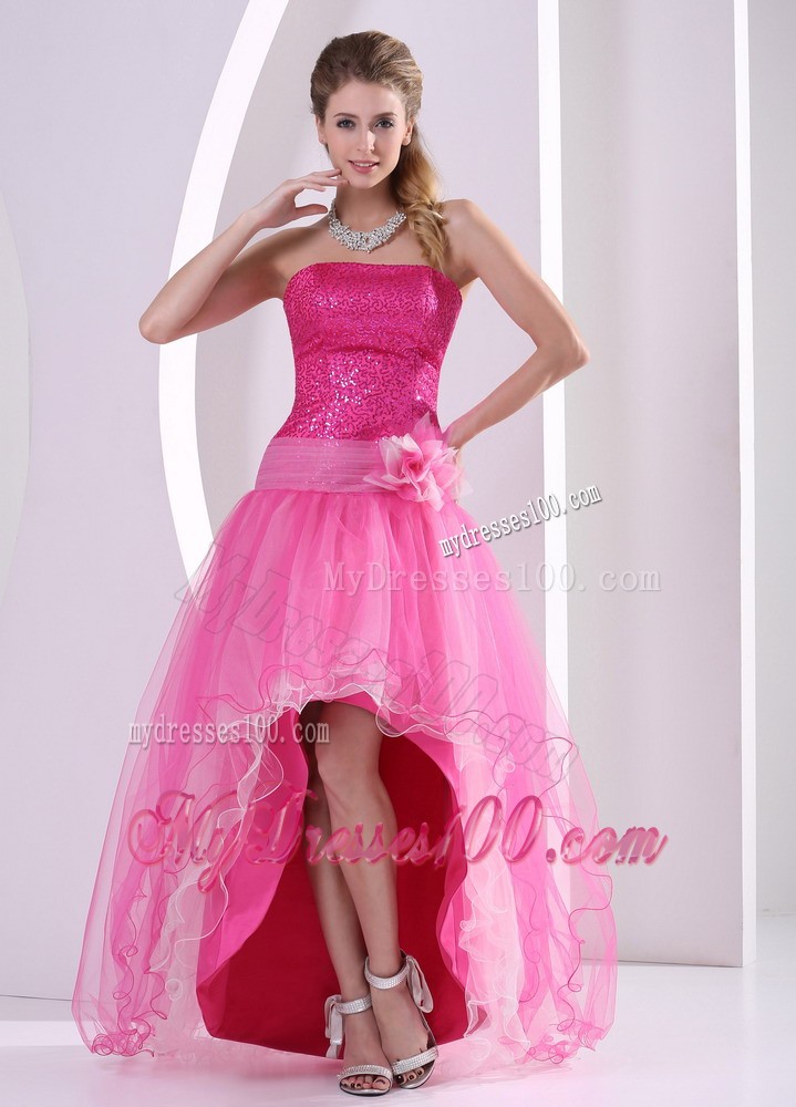 Beautiful High-low Hot Pink Sequins Hand Made Flower Prom Dresses