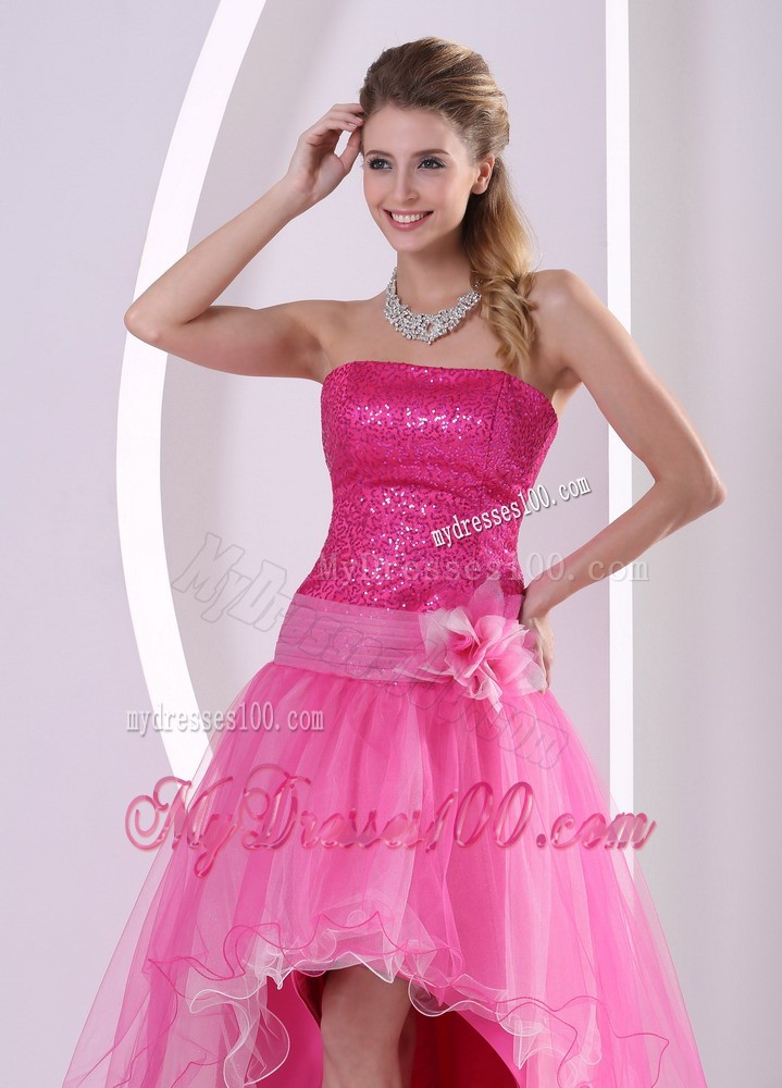 Beautiful High-low Hot Pink Sequins Hand Made Flower Prom Dresses