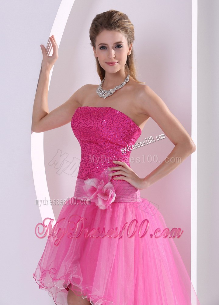 Beautiful High-low Hot Pink Sequins Hand Made Flower Prom Dresses