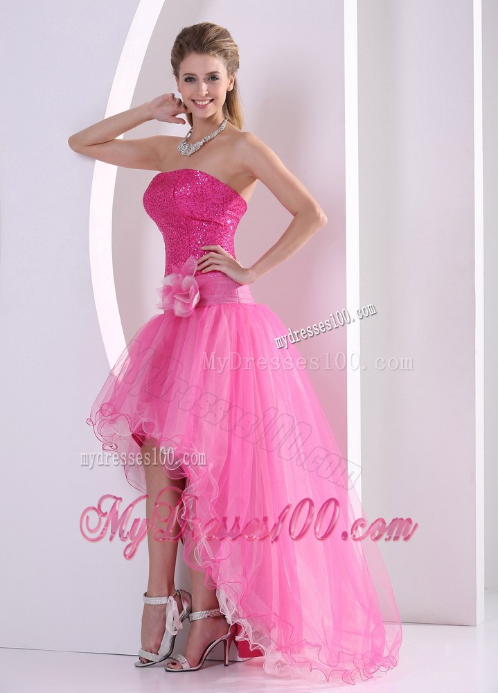 Beautiful High-low Hot Pink Sequins Hand Made Flower Prom Dresses