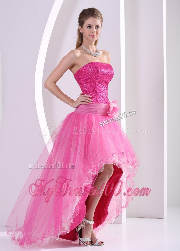 Beautiful High-low Hot Pink Sequins Hand Made Flower Prom Dresses
