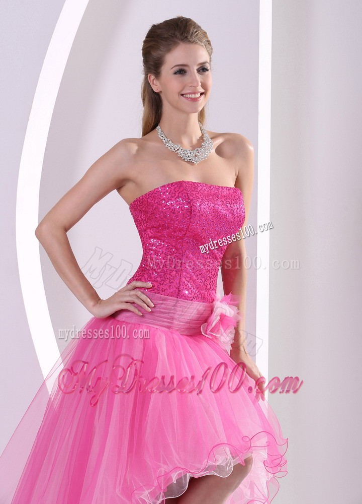 Beautiful High-low Hot Pink Sequins Hand Made Flower Prom Dresses