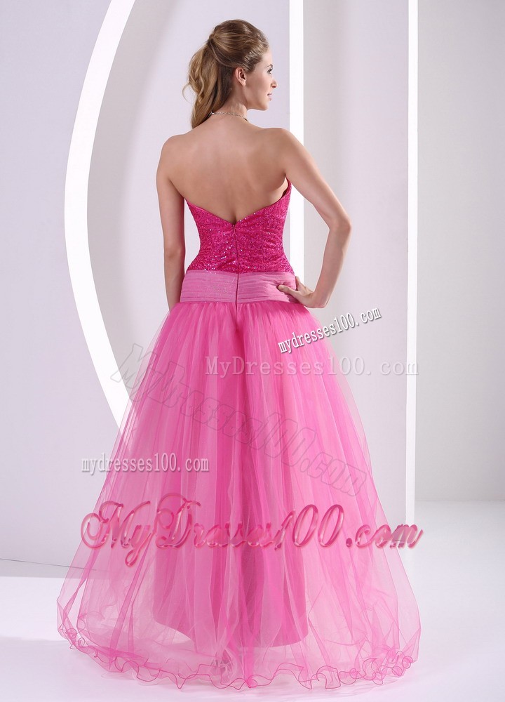 Beautiful High-low Hot Pink Sequins Hand Made Flower Prom Dresses