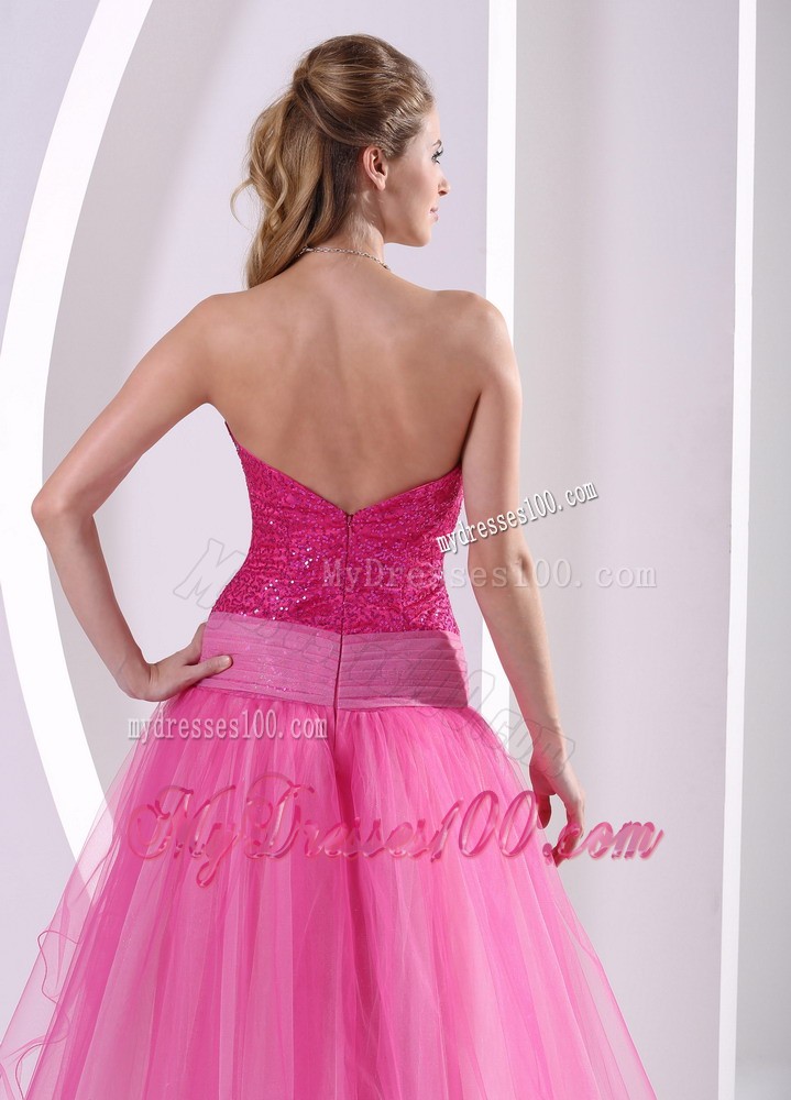 Beautiful High-low Hot Pink Sequins Hand Made Flower Prom Dresses