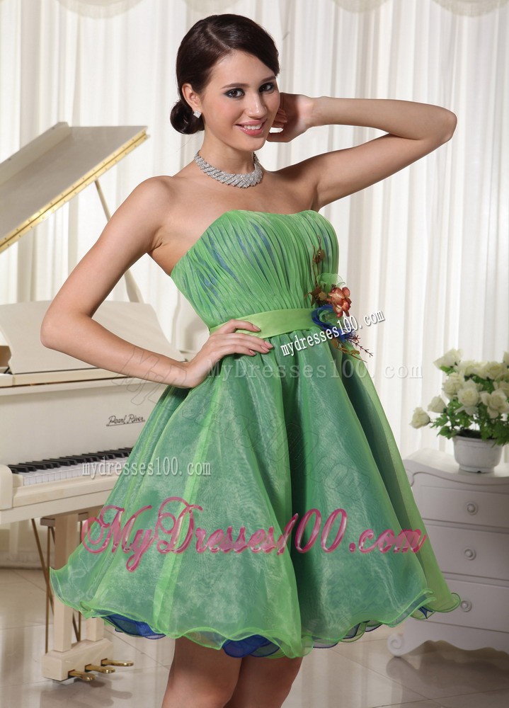 Green Cute Strapless Cocktail Dresses Ruched and Belt Mini-length