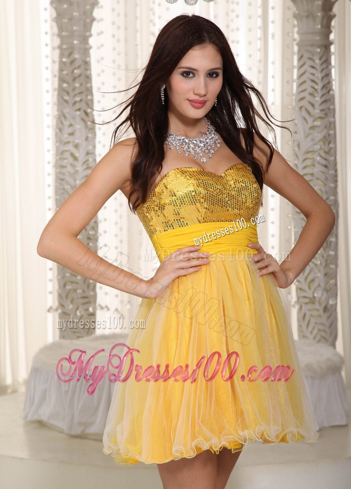 Yellow Sweetheart Mini-length Sequins Cocktail Dress for 2013