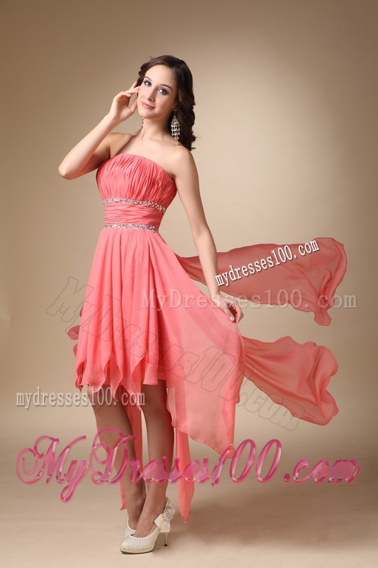 Watermelon Red Princess Strapless Asymmetrical Beading Cocktail Dress