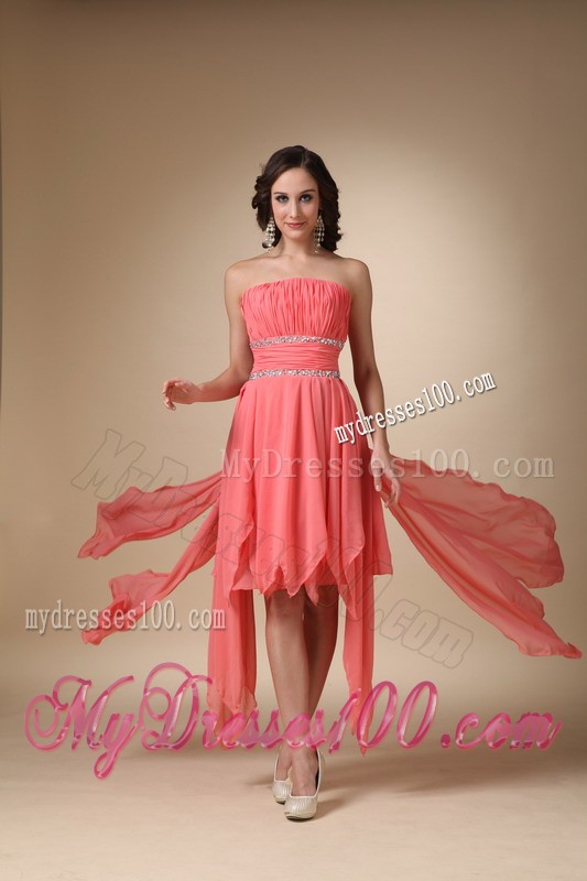 Watermelon Red Princess Strapless Asymmetrical Beading Cocktail Dress