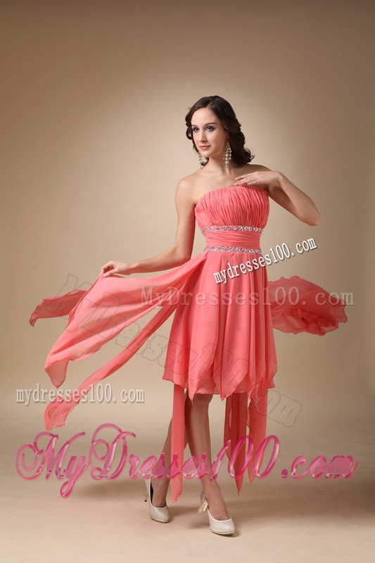 Watermelon Red Princess Strapless Asymmetrical Beading Cocktail Dress