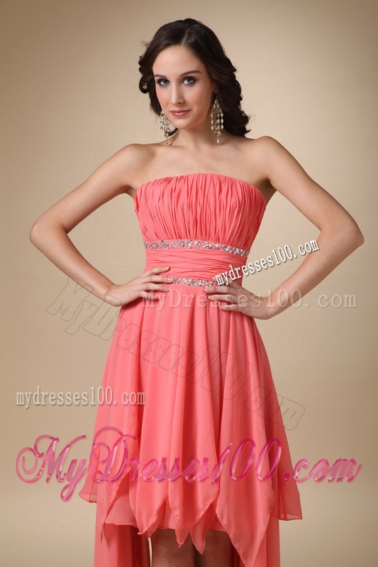 Watermelon Red Princess Strapless Asymmetrical Beading Cocktail Dress