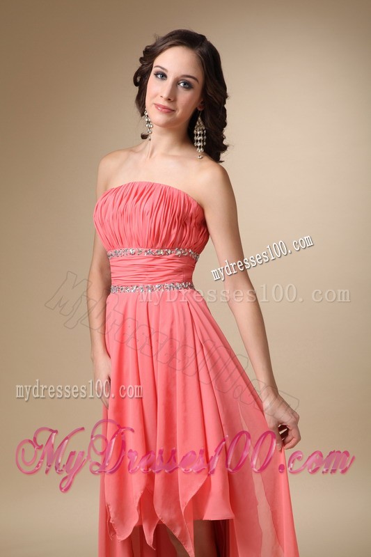 Watermelon Red Princess Strapless Asymmetrical Beading Cocktail Dress