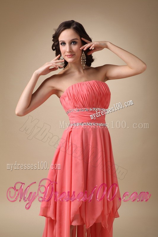 Watermelon Red Princess Strapless Asymmetrical Beading Cocktail Dress