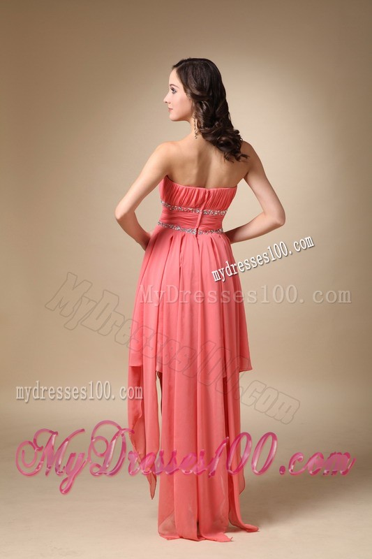 Watermelon Red Princess Strapless Asymmetrical Beading Cocktail Dress