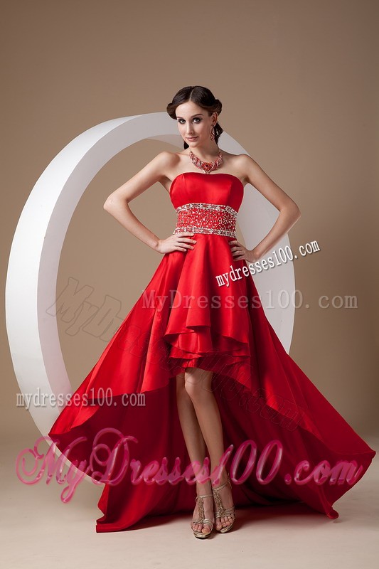 High-low Red 2013 Summer Cocktail Dresses Strapless Beading