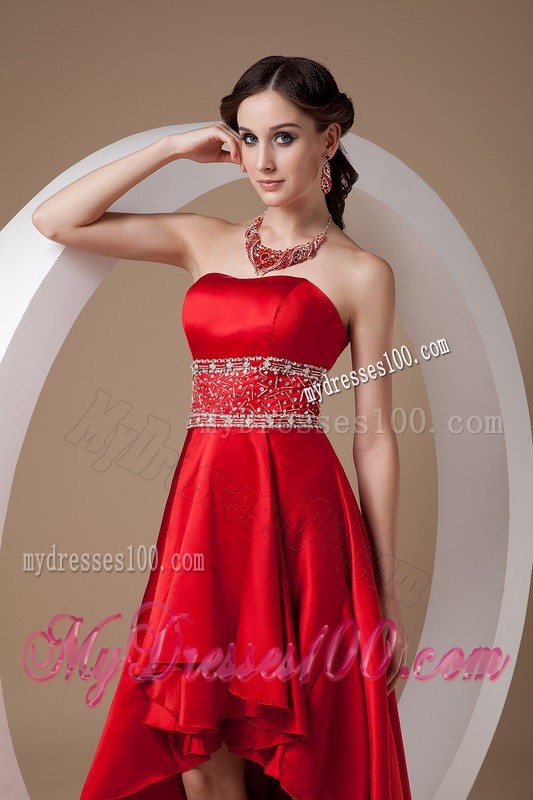 High-low Red 2013 Summer Cocktail Dresses Strapless Beading