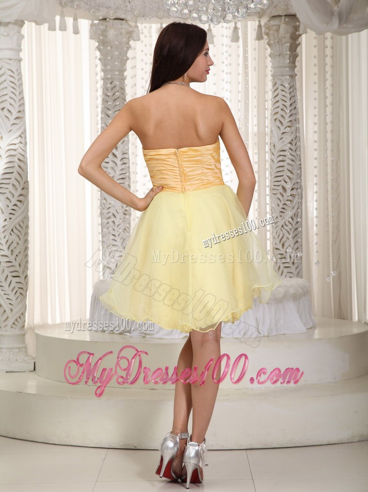 Light Yellow Princess Strapless Mini-length Ruched Cocktail Dress