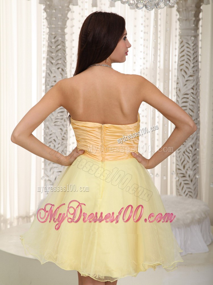 Light Yellow Princess Strapless Mini-length Ruched Cocktail Dress