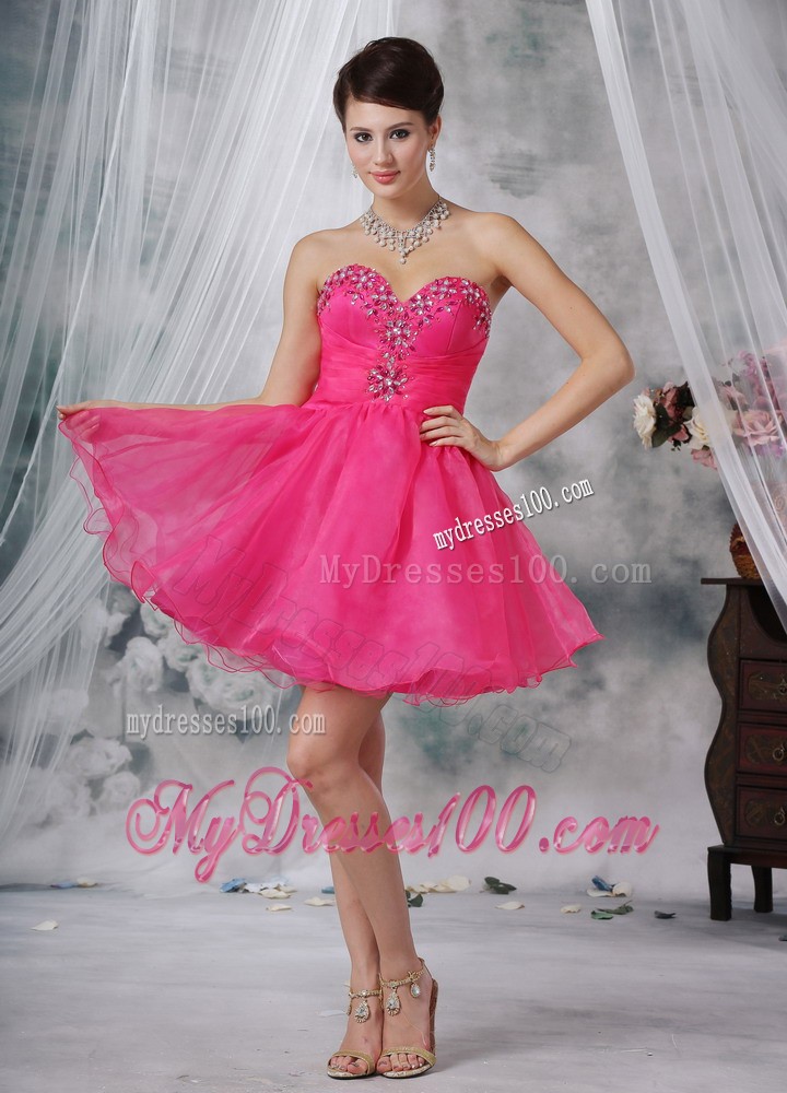 Hot Pink Sweetheart Mini-length Beading Summer Cocktail Dresses