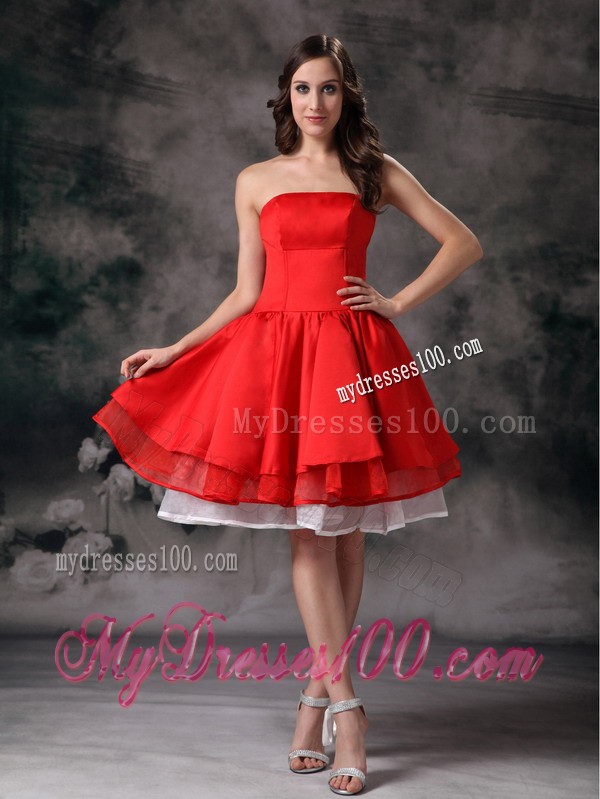Simple White and Red Strapless Knee-length Cocktail Dresses