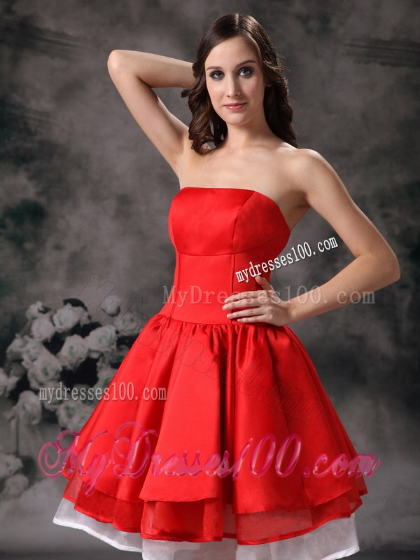 Simple White and Red Strapless Knee-length Cocktail Dresses