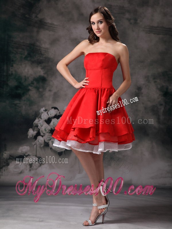 Simple White and Red Strapless Knee-length Cocktail Dresses