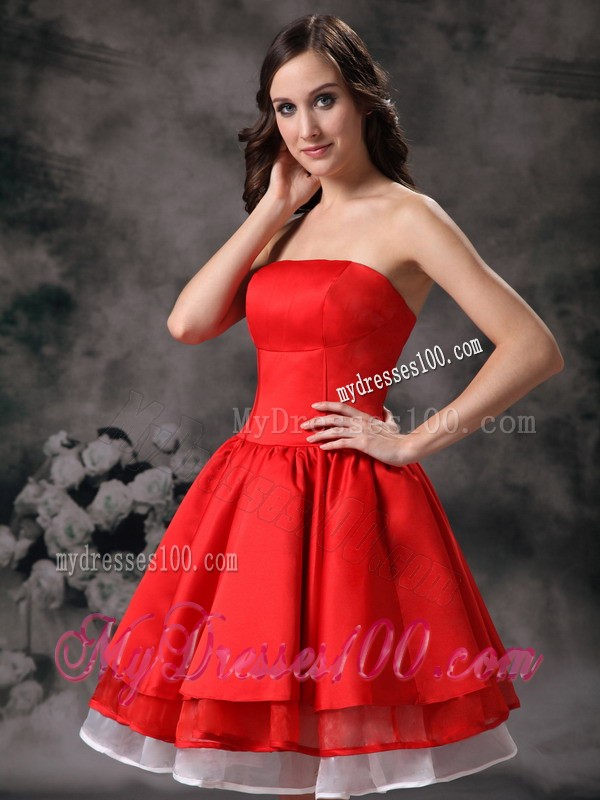 Simple White and Red Strapless Knee-length Cocktail Dresses