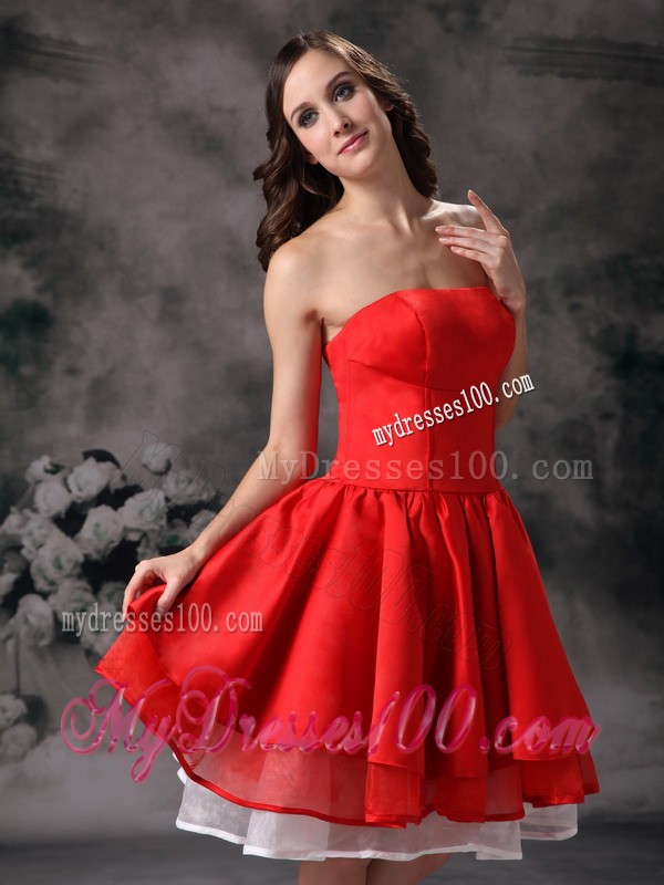 Simple White and Red Strapless Knee-length Cocktail Dresses