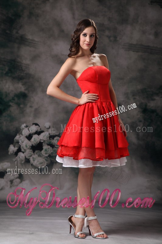 Simple White and Red Strapless Knee-length Cocktail Dresses