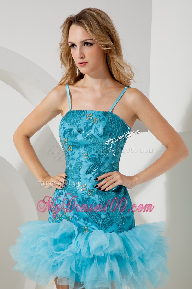 Aqua Blue Princess Straps Short 2013 Cocktail Dress Mini-length Sequin