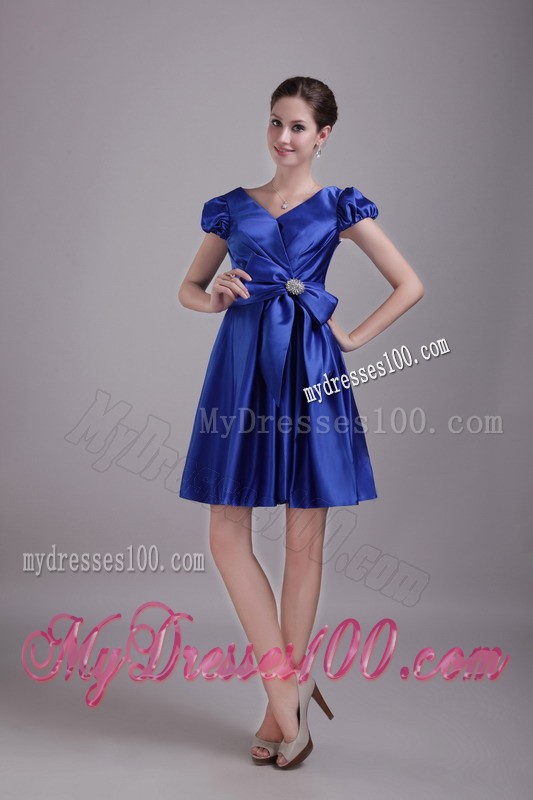 Simple Blue Princess V-neck Short Beading Cap Sleeves Cocktail Dress