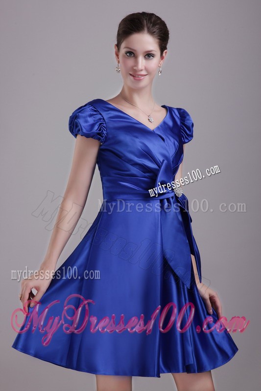 Simple Blue Princess V-neck Short Beading Cap Sleeves Cocktail Dress