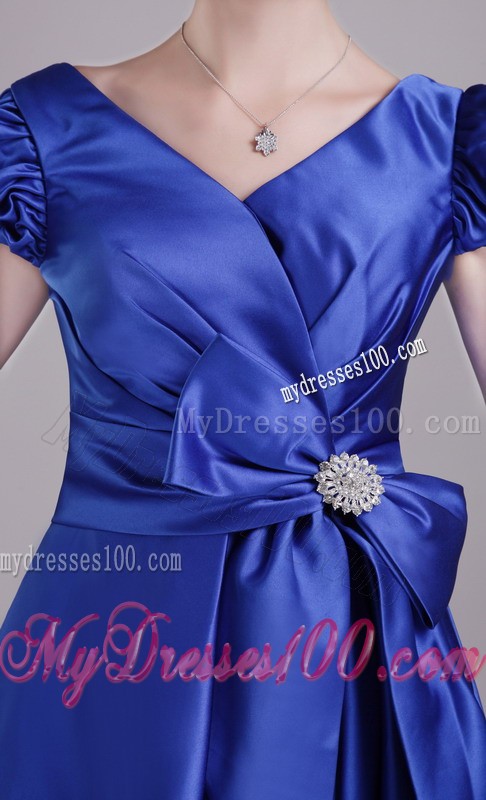 Simple Blue Princess V-neck Short Beading Cap Sleeves Cocktail Dress