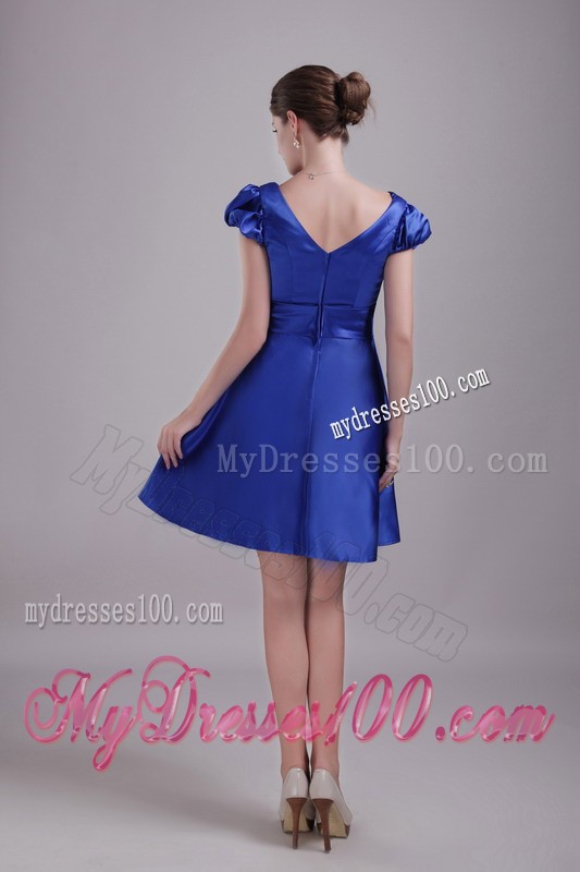 Simple Blue Princess V-neck Short Beading Cap Sleeves Cocktail Dress