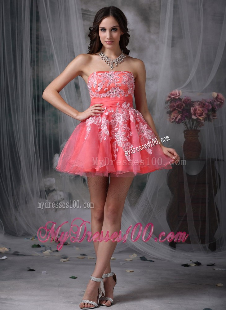 Watermelon Strapless Mini-length Appliques Pretty Cocktail Dress