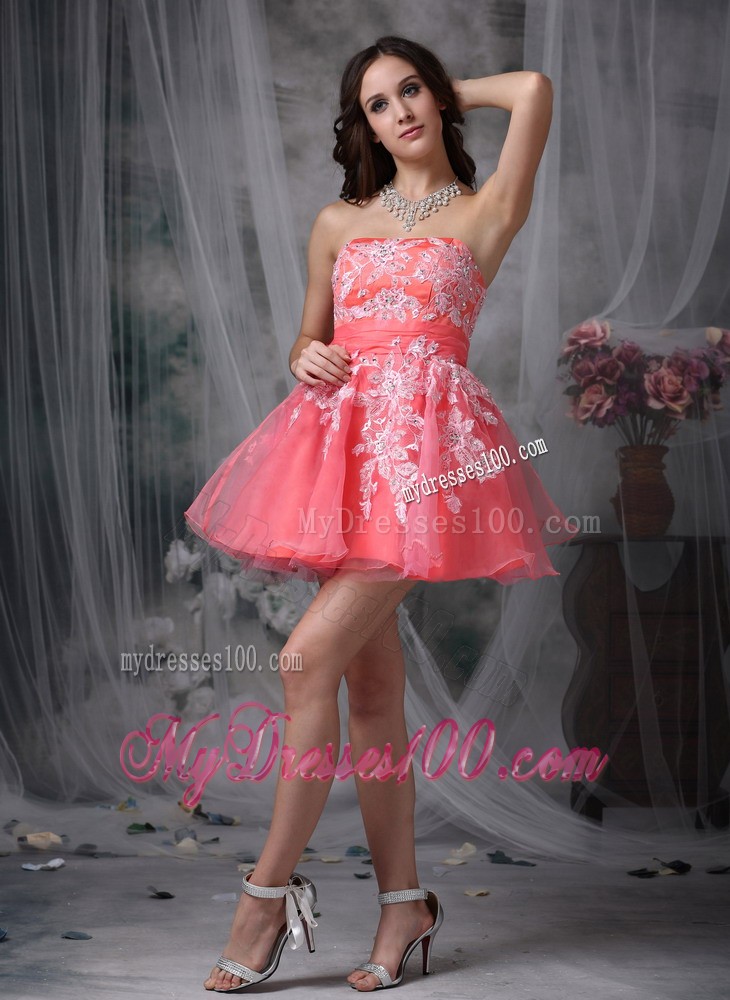 Watermelon Strapless Mini-length Appliques Pretty Cocktail Dress