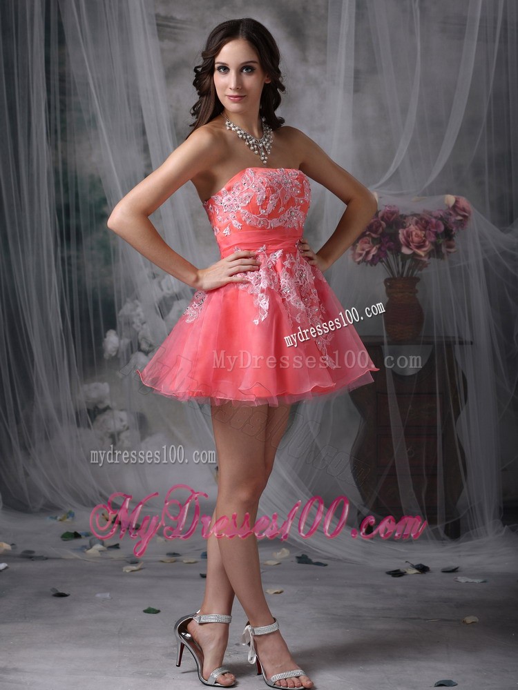 Watermelon Strapless Mini-length Appliques Pretty Cocktail Dress