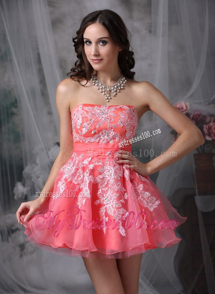 Watermelon Strapless Mini-length Appliques Pretty Cocktail Dress