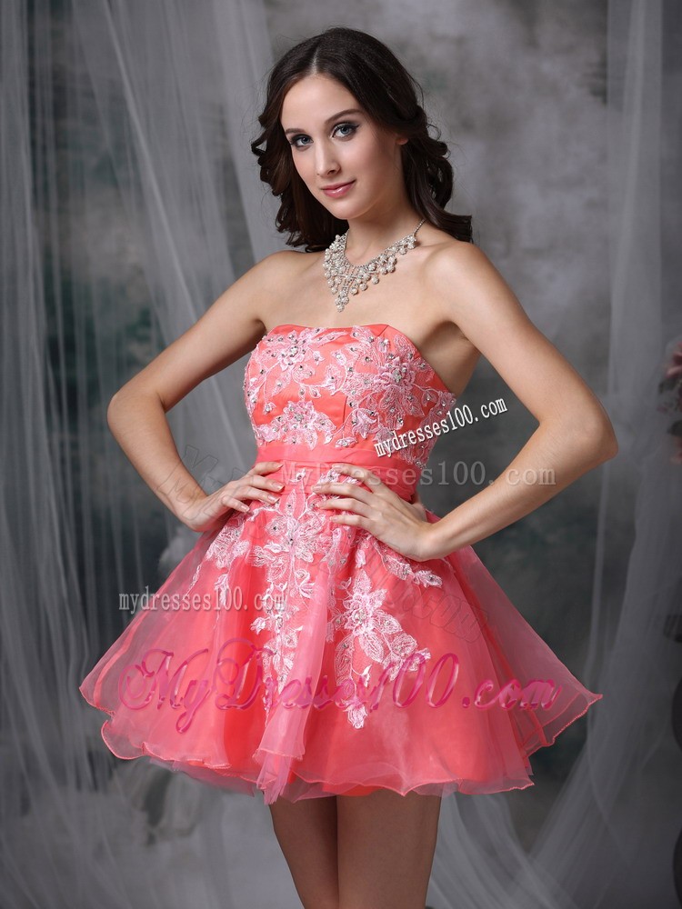 Watermelon Strapless Mini-length Appliques Pretty Cocktail Dress