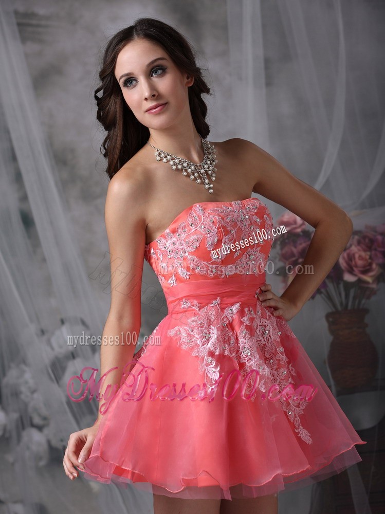 Watermelon Strapless Mini-length Appliques Pretty Cocktail Dress
