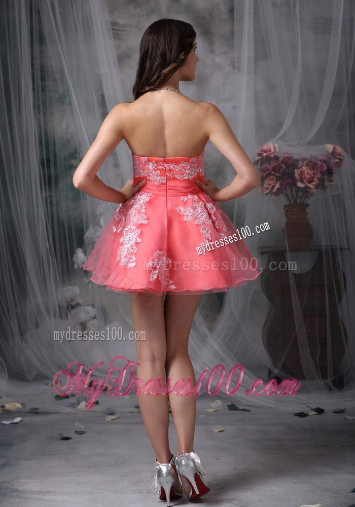 Watermelon Strapless Mini-length Appliques Pretty Cocktail Dress