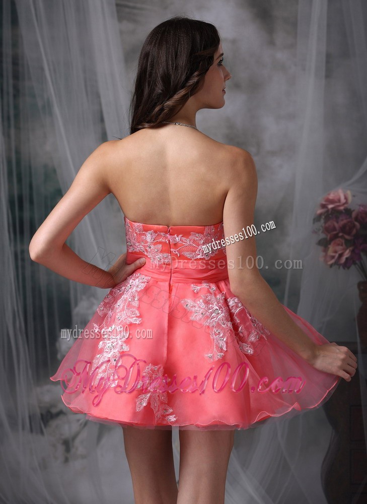 Watermelon Strapless Mini-length Appliques Pretty Cocktail Dress