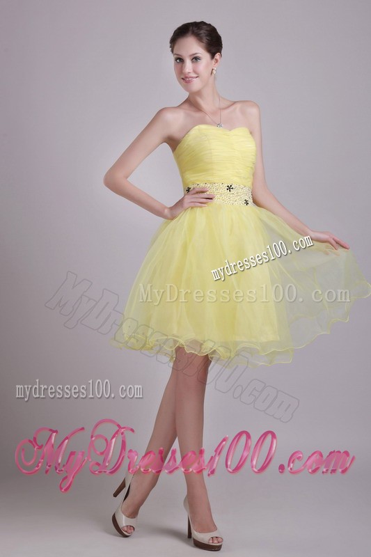 Yellow Sweetheart Short Beading and Ruching Cocktail Dress